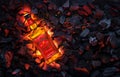 Ukraine, Kiev. November 12, 2020. Bottle of Jack Daniels Whiskey Tennessee Fire top view in burning coals