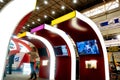 Ukraine, Kiev - November 5, 2019: Modern exhibition curved booth with tv screens