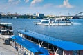 06/06/2020. Ukraine. Kiev. River pleasure boat with tourists calls at the port