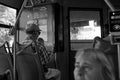 Ukraine, Kiev - September 12, 2019: Elderly man, pensioners, travel by public transport - a trolley bus
