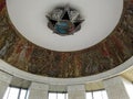 Ukraine, Kiev - September 17, 2017: Soviet star of the Order of Victory and a mosaic depicting the events of World War II