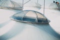 Ukraine, Kiev - 2019: Ukrainian Olympic Stadium in Europe, roof construction element and high clouds in the sky. Cityscape