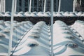 Ukraine, Kiev - 2019: Ukrainian Olympic Stadium in Europe, roof construction element and high clouds in the sky. Cityscape