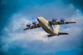 Ukraine, Kyiv - August 18, 2021: Antonov AN-70 military cargo aircraft. Large Ukrainian four-propeller-engine aircraft