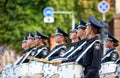 Ukraine, Kyiv - August 18, 2021: Female military orchestra of drummers. Beautiful police girls at the parade. Woman