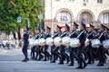 Ukraine, Kyiv - August 18, 2021: Female military orchestra of drummers. Beautiful police girls at the parade. Woman