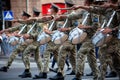 Ukraine, Kyiv - August 18, 2021: Military band of drummers. The soldier has a drum and sticks. Street musicians. The