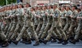 Ukraine, Kyiv - August 18, 2021: Military women and girls in uniform. Ukrainian military march in the parade. Army