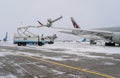 Ukraine, Kyiv - February 12, 2021: De-icing the aircraft before the flight. The deicing machine. Passenger plane with antifreeze.