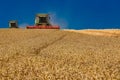 Ukraine. Kyiv. JULY 23, 2022: Modern combine Claas Lexion harvesting grain in the field.Combine harvest on grain field.