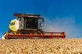 Ukraine. Kyiv. JULY 23, 2022: Modern combine Claas Lexion harvesting grain in the field.Combine harvest on grain field.