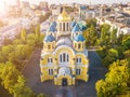 Ukraine Kyiv Kiev beautiful church. St Volodymyr`s Cathedral. Top vie from drone aerial photo. Famouse tourist places Royalty Free Stock Photo