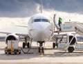 Ukraine, Kyiv - March 19, 2021: Plane at the airport on the apron. Boeing 737-800 UR-UBA Passenger aircraft. Refueling