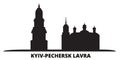 Ukraine, Kyiv, Pechersk Lavra city skyline isolated vector illustration. Ukraine, Kyiv, Pechersk Lavra travel black