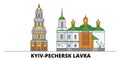 Ukraine, Kyiv, Pechersk Lavra flat landmarks vector illustration. Ukraine, Kyiv, Pechersk Lavra line city with famous