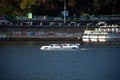 Ukraine, Kyiv - September 12, 2020: car ship. A boat in the shape of a limousine floats down the river. Motor ship in the form of