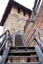 Ukraine. Lutsk - AUGUST 23, 2020. Famous castle in Lutsk over cloudy sky. One of the Wooden staircase to one of the towers of a