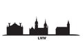 Ukraine, Lviv city skyline isolated vector illustration. Ukraine, Lviv travel black cityscape