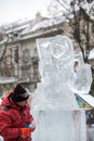 Ukraine, Lviv - January 11, 2019: Master makes ice sculptures from ice. Ice Sculpture Festival