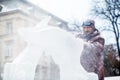 Ukraine, Lviv - January 11, 2019: Master makes ice sculptures from ice. Ice Sculpture Festival