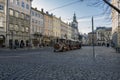 UKRAINE, LVIV, NOVEMBER 25, 2020: Market square in Lviv. Sightseeing train in Lviv Royalty Free Stock Photo