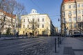 UKRAINE, LVIV, NOVEMBER 25, 2020: Old cobbled street with tram tracks in the downtown of Lviv, Ukraine Royalty Free Stock Photo