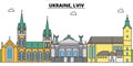 Ukraine, Lviv outline city skyline, linear illustration, banner, travel landmark, buildings silhouette,vector