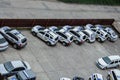 Ukraine, Lviv, 8.07.2022. Row of many police cars parked at police station parking. Civil emergency law security and