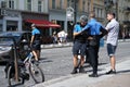 2019-08-11 Ukraine, Lvov. Bicycle policeman stopped offenders