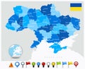 Ukraine map in blue colors and colored GPS glossy road icons Royalty Free Stock Photo