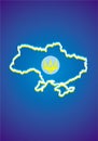 Ukraine map, yellow silhouette with rays. In the center is a blue circle with a rays and yellow trident.Ukraine map, yellow silhou