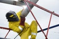 Welding works on welding of metal structures. An electric welder works on scaffolding. Royalty Free Stock Photo