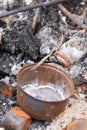 Ukraine, Motyzhyn - Yasnohorodka - 04.25.2022: Broken and burned civilian car. Close photo, element. Burnt dishes in a destroyed c