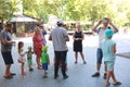 Ukraine Odessa July 2017. A tourist guide on the street conducts an interesting excursion, tourists listen very carefully. Tourism