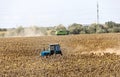 UKRAINE, ODESSA - September 9, 2023: A combine harvester in a ripe sunflower field collects sunflower seeds on a sunny autumn day