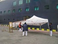 Ukraine, Odessa, September 22, 2012. Ã¢â¬â Sailors from The Queen Victoria Cruise Liner Install an Easily Collapsible Canopy Over