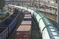 Ukraine, Odessa, summer 2021. Freight wagons for loading. Commercial sea port Royalty Free Stock Photo