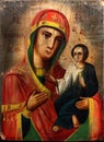 Ukraine, Odessa, summer 2021. Handwritten ancient religious icon by an unknown author. Icon of the Mother of God Mary