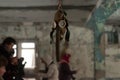 gas mask hanging in destroyed school in Pripyt