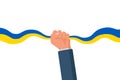 Ukraine ribbon. Ukrainian flag hold patriot in hand. Independent country