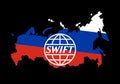 Ukraine, Rivne - February, 27 2022: Logo SWIFT financial system logo in Russia country map painted in Russian flag at