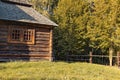 Ukraine rural architecture rustic wooden house exterior building porch on green hill of forest edge spring morning sunny weather