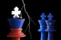 Ukraine, Russia, European Union and nato flags paint over on chess king. 3D illustration Ukraine vs Russia crisis