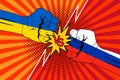 Ukraine and Russia flags.Versus rivalry fist vector background. Boxer punching or clashing fists for disagreement battle