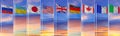 Ukraine, Russia and G7 flags Silk waving flags of countries of Group of Seven : Royalty Free Stock Photo