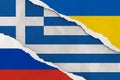 Ukraine, Russia, Greece flag ripped paper grunge background. Royalty Free Stock Photo