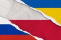 Ukraine, Russia, Poland flag ripped paper grunge background. Abstract Ukraine Russia politics conflicts, war concept texture Royalty Free Stock Photo