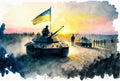 Ukraine Russia war painting, soldiers fight for Ukrainian victory.