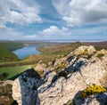 Ukraine without russian aggression. Amazing spring view on the Dnister River Canyon with picturesque rocks, fields, flowers. This