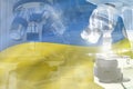 Microscope on Ukraine flag - science development conceptual background. Research in vaccine or pharmacy, 3D illustration of object